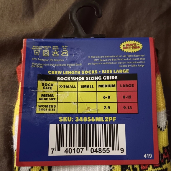 MTV's Beavis & Butthead 2pk Crew Length socks. Size L - Picture 3 of 3